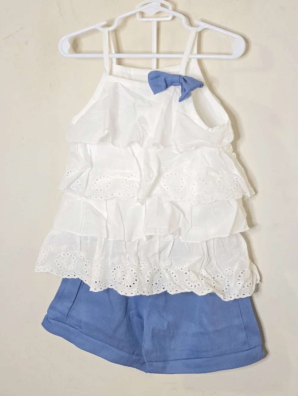 Girls White Eyelet Ruffle Tank & Blue Shorts Set Size 120 Summer Outfit Bow